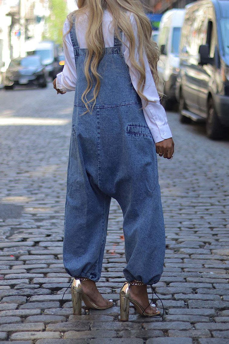 Denim Drawstring Wide Leg Overall Jumpsuit LavishDaily