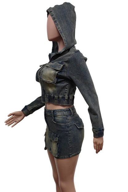 Stretch Denim Hooded Skirt Suit Lavish Daily