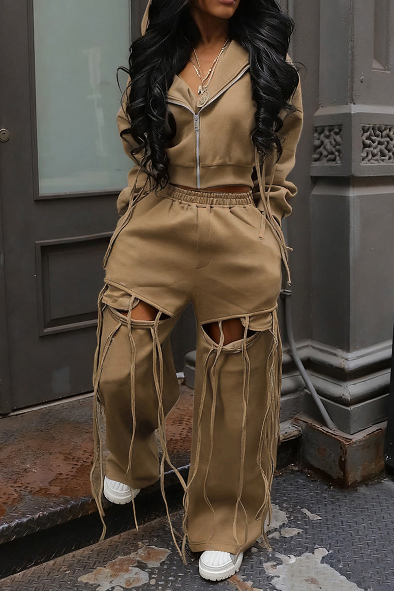 Hooded Zip-Up Sweatshirt & Distressed Wide-Leg Pants Set Lavish Daily