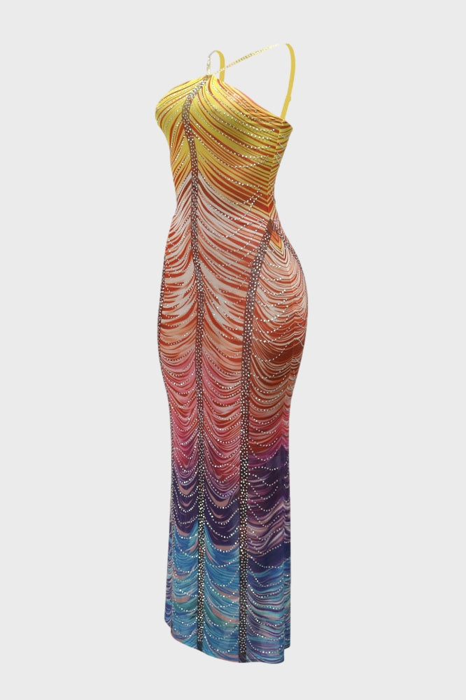 Rainbow Sleeveless Rhinestone Embellished Maxi Dress Lavish Daily