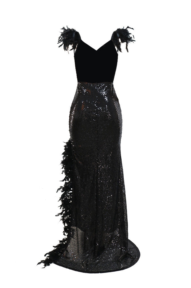 Feather Sequins Strap High Slit Dress Lavish Daily
