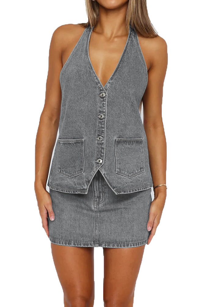Buttoned Halter Neck Denim Long Top Lavish Daily