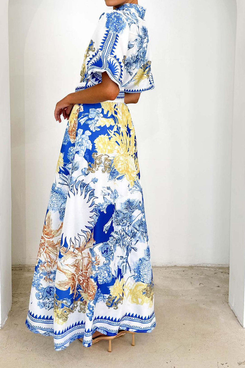 Printed Turn-Down Collar Maxi Dress Lavish Daily