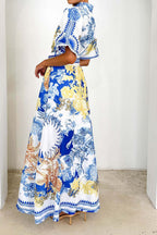 Printed Turn-Down Collar Maxi Dress Lavish Daily