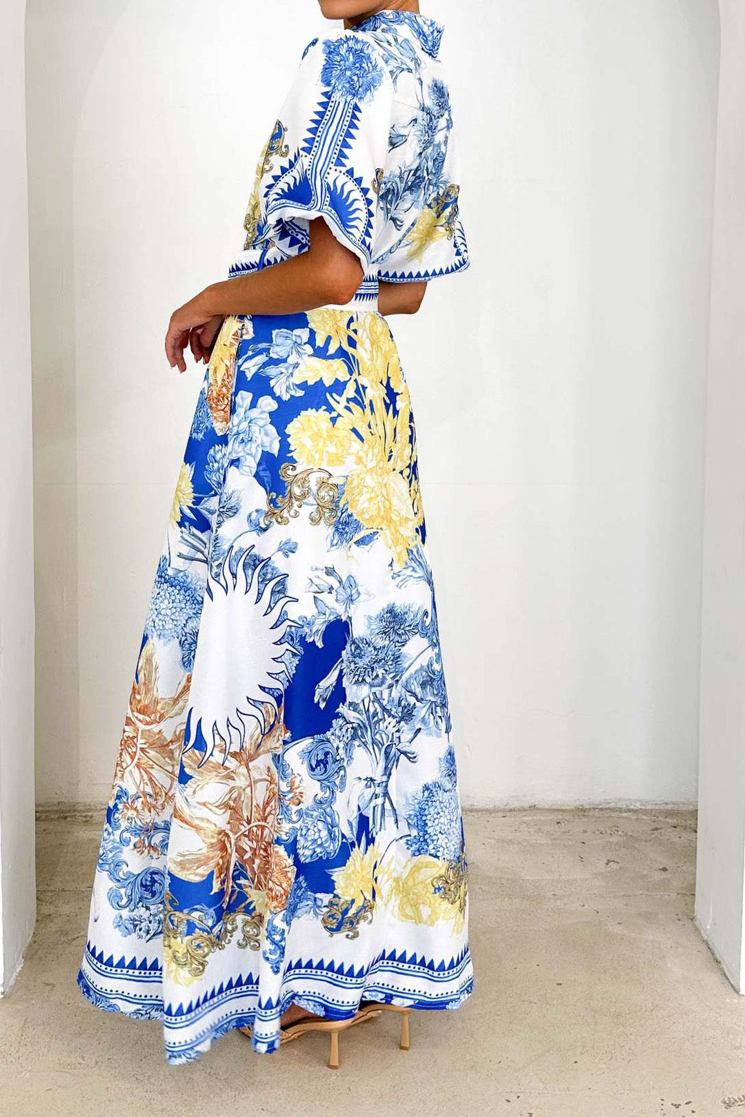 Printed Turn-Down Collar Maxi Dress Lavish Daily