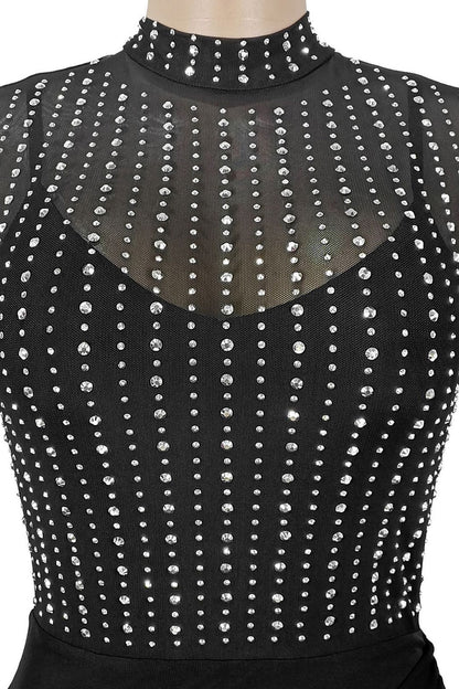 Beaded High-Neck Ruched Mesh Maxi Dress Lavish Daily