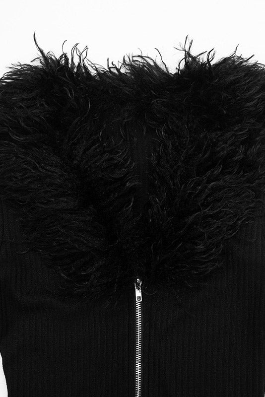 Plush-Trim Zip-Front Long-Sleeve Romper Lavish Daily