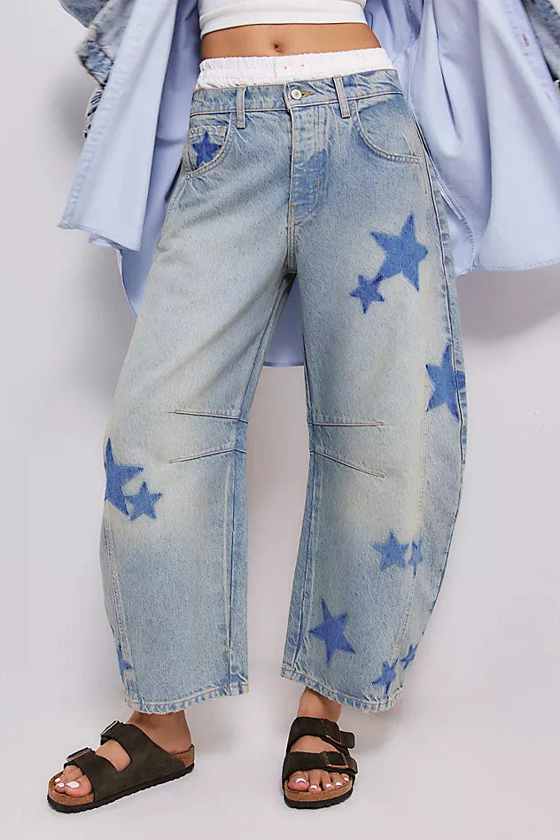 Star Print Relaxed Barrel Leg Jeans Lavish Daily