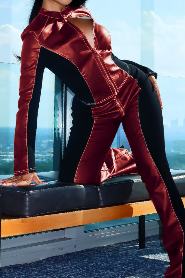 PU Leather Long Sleeve Top and Pants Set Lavish Daily
