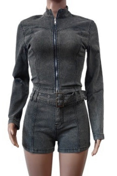 Washed Denim Zip Up Top & Shorts Set Lavish Daily