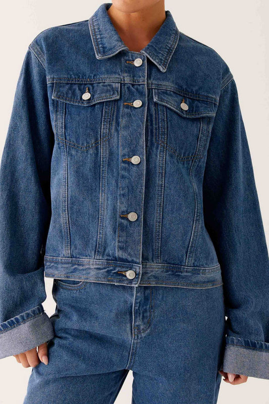 Collared Comfortable Casual Denim Jacket Lavish Daily