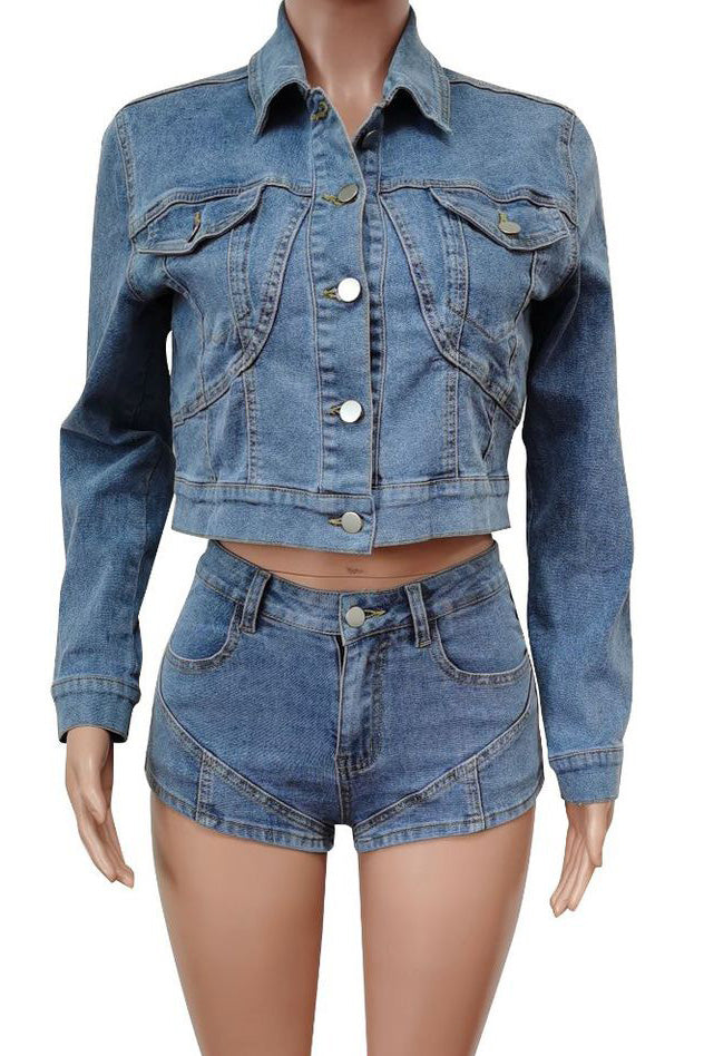 Stretchy Shorts & Denim Top Set Lavish Daily