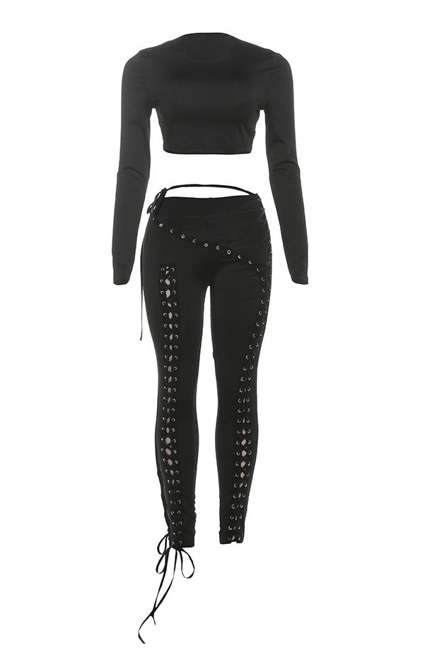 Long Sleeve Crop Top and Lace-Up Pants Set Lavish Daily