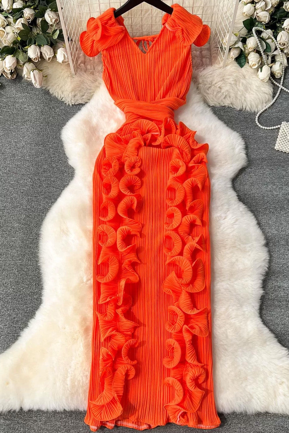 Ruffle 3D Floral V Neck Midi Dress Lavish Daily