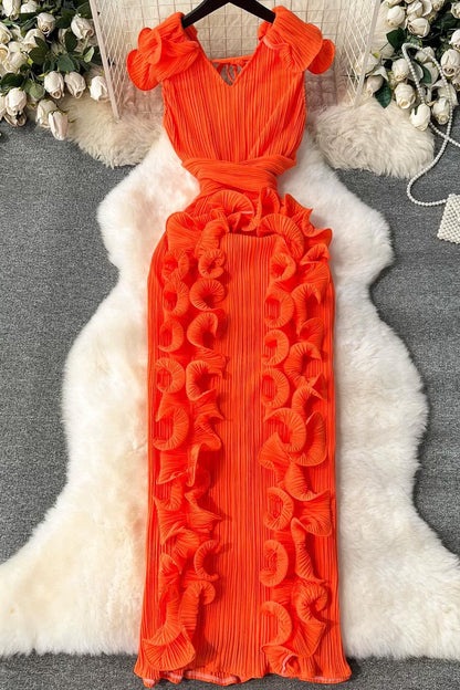 Ruffle 3D Floral V Neck Midi Dress Lavish Daily
