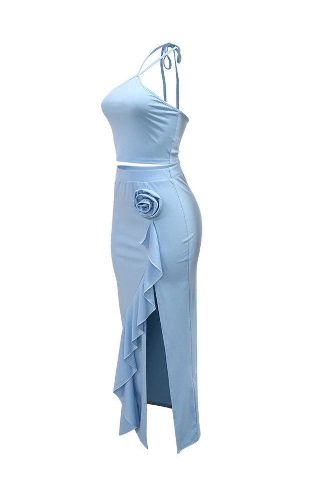 Solid Tie Sleeveless Top & Side Slit Ruffle Skirt Lavish Daily