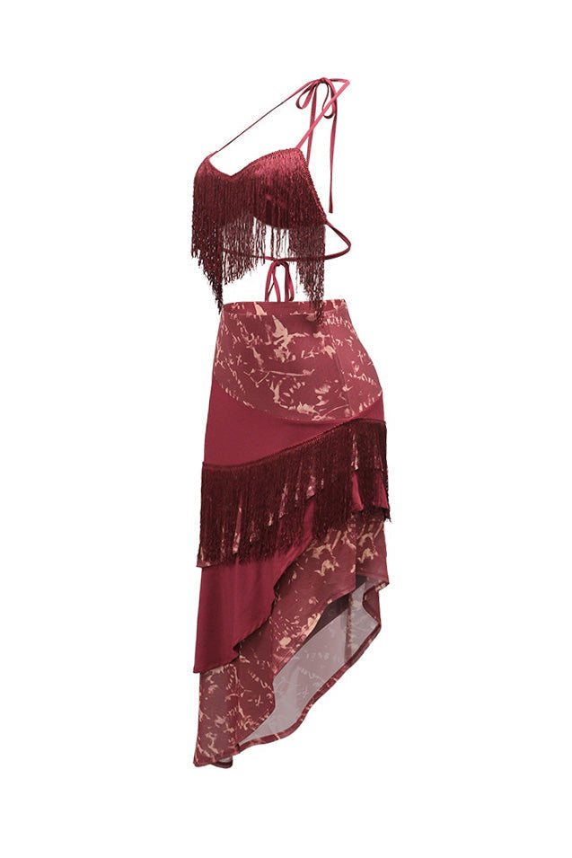 Asymmetric Fringe Halter Skirt Set Lavish Daily