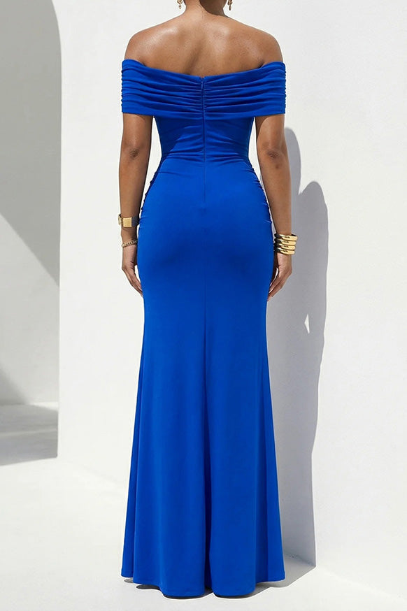 Off-Shoulder Draped Slit Maxi Dress Lavish Daily