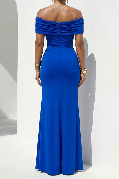 Off-Shoulder Draped Slit Maxi Dress Lavish Daily