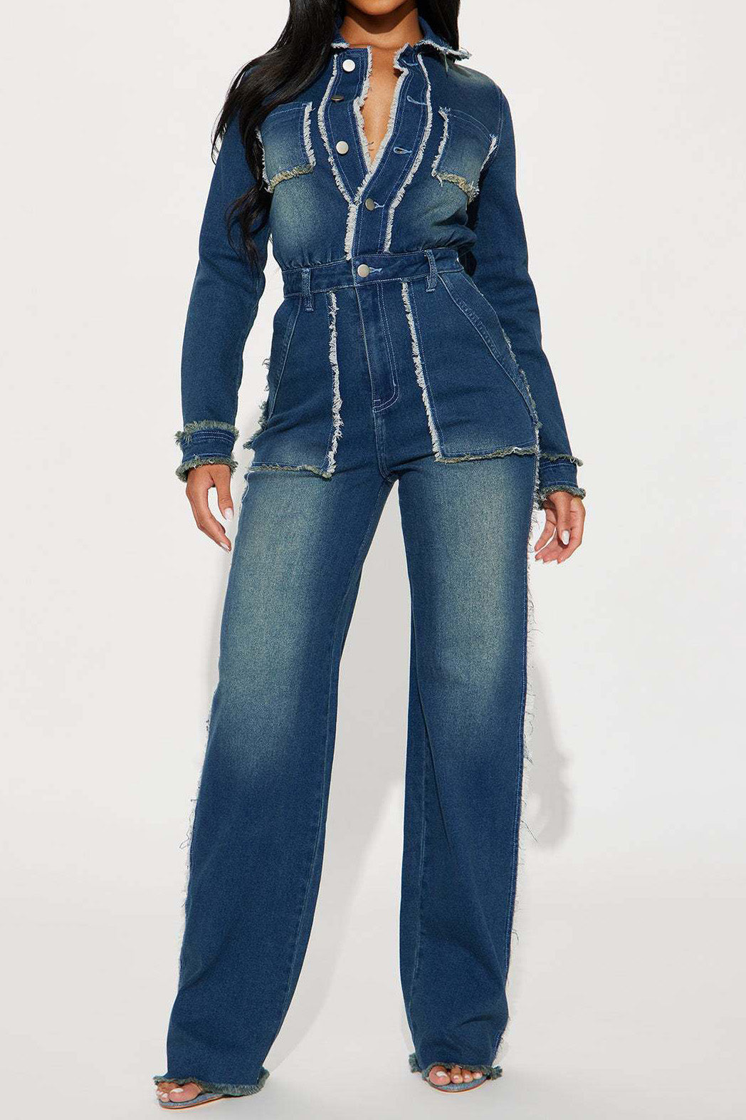 Raw-Edge Long Sleeve Stretch Denim Jumpsuit Lavish Daily