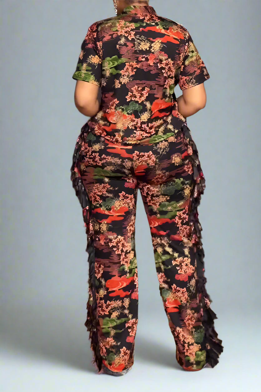 Elegant Printed Lapel Shirt and Pants Set Lavish Daily