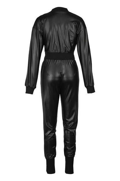 2-Piece Cutout Faux-Leather Bomber & Jogger Set Lavish Daily