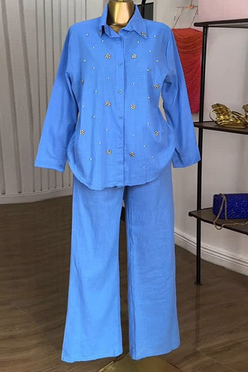 Beaded Collared Shirt & High-Waist Pants Set Lavish Daily