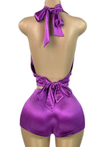 Satin Halter Tie Deep V Neck Top and Pants Set Lavish Daily