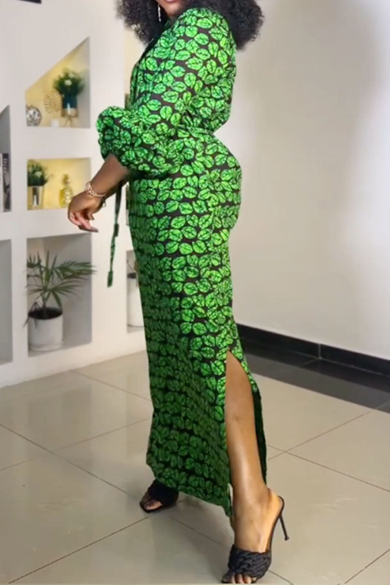 Print Slit V Neck Long Dresses Lavish Daily