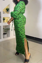 Print Slit V Neck Long Dresses Lavish Daily