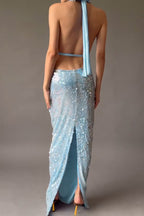 Sequin Halter Cowl Neck Backless Slit Dress Lavish Daily