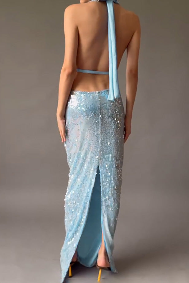 Sequin Halter Cowl Neck Backless Slit Dress Lavish Daily