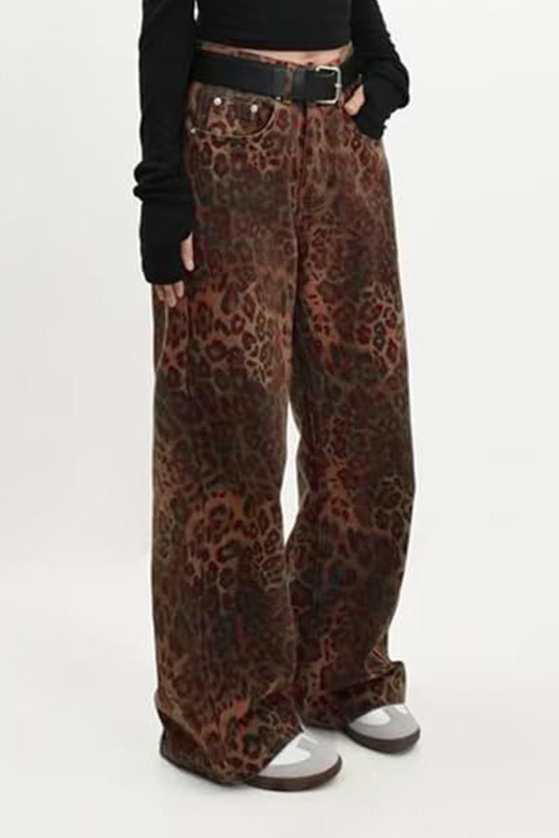 Vintage Leopard Print Wide Leg Denim Pants Lavish Daily