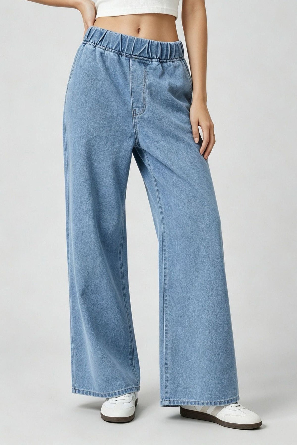 Elastic Waist Non-Stretch Wide Leg Jeans Lavish Daily