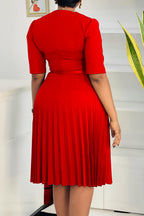 Solid Belted Pleated Dress Lavish Daily