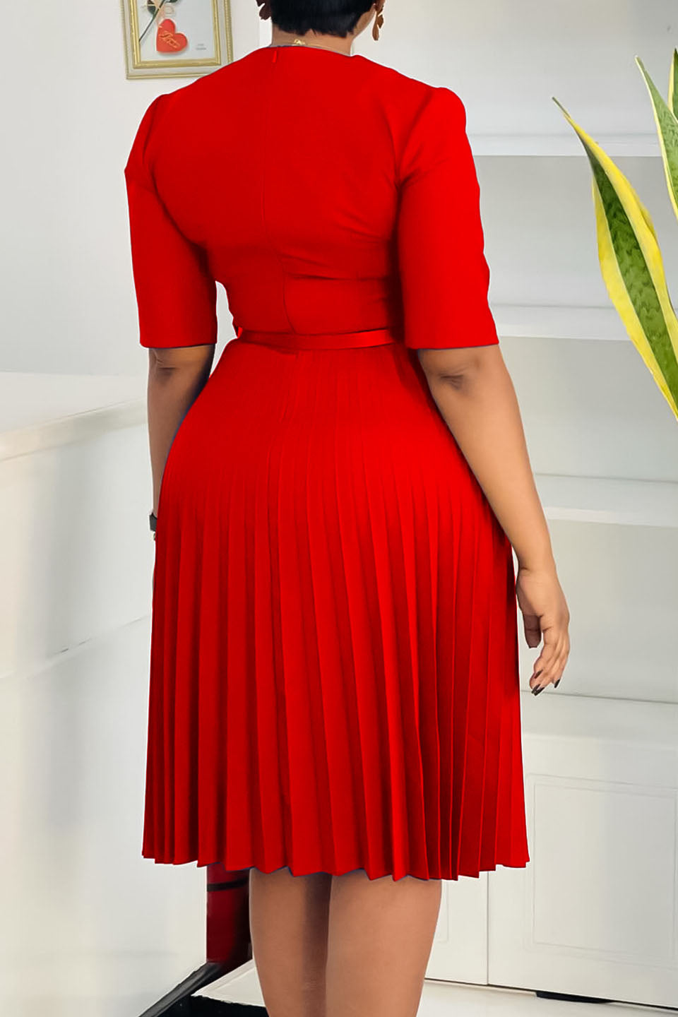 Solid Belted Pleated Dress Lavish Daily