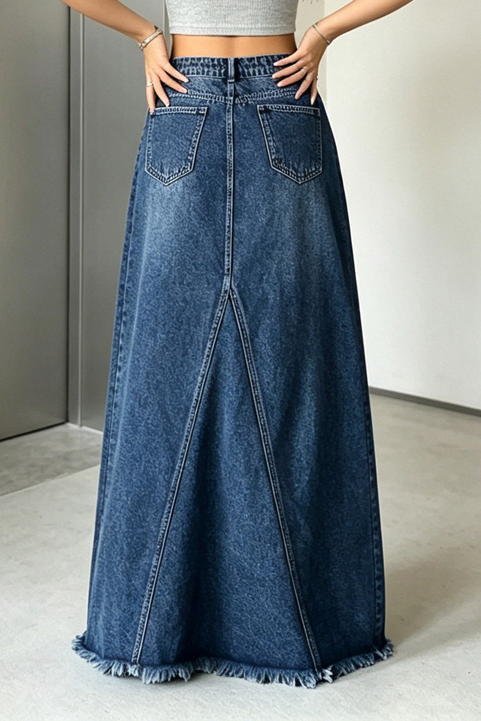 Raw-Hem Godet Denim Maxi Skirt Lavish Daily