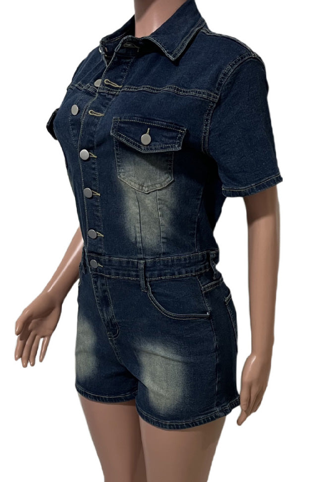 Short Sleeve Slim Fit Stretch Denim Romper Lavish Daily