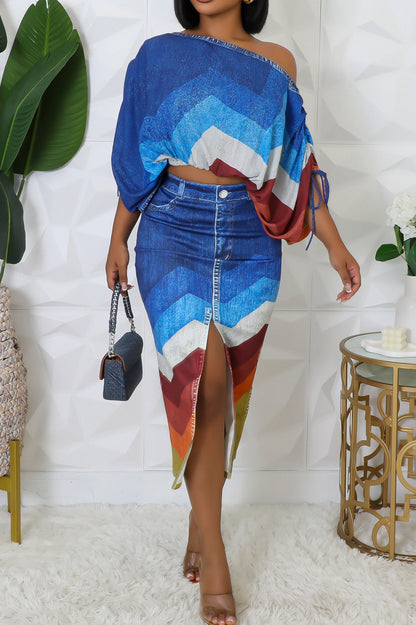 Chevron Denim Effect Skirt Set Lavish Daily