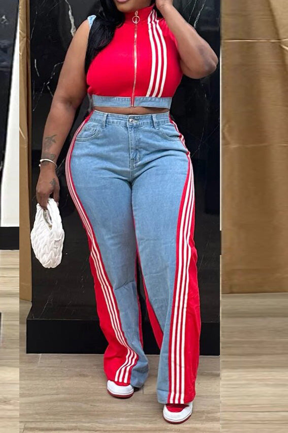 Striped Cropped Top Denim Pant Sets Lavish Daily