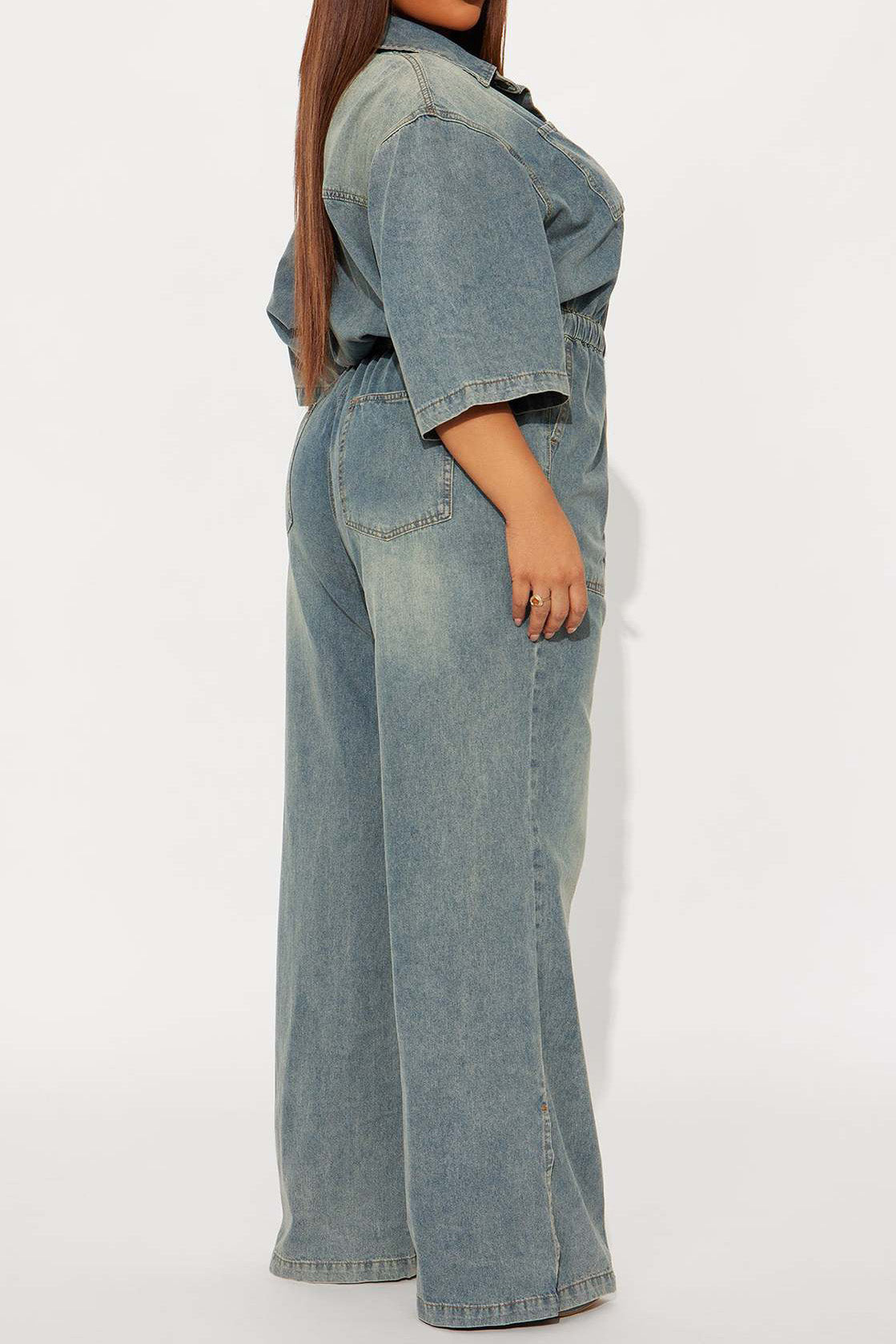 Stretch Denim Jumpsuit with Split Flare Legs Lavish Daily