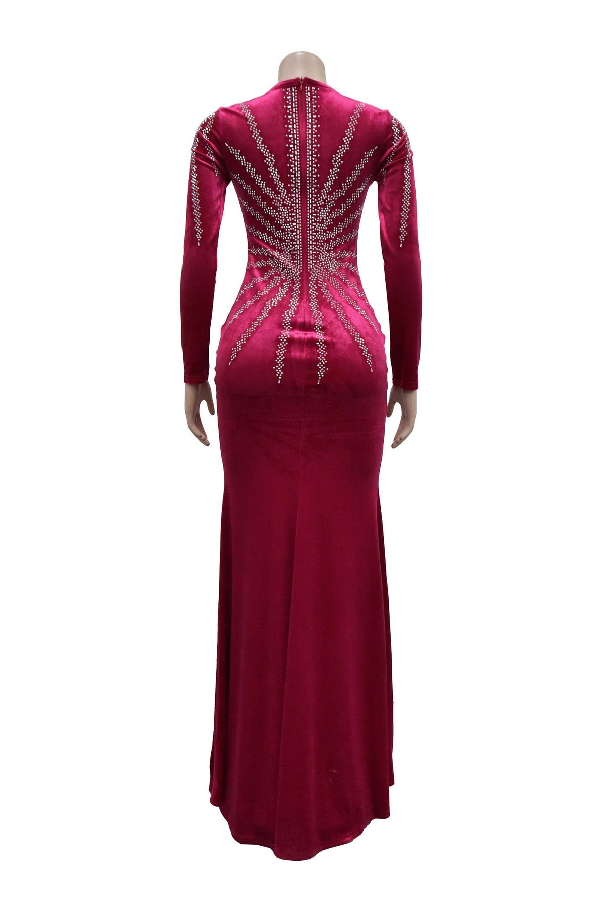 Rhinestone Plunge Illusion Velvet Maxi Dress Lavish Daily