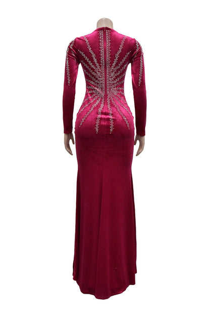 Rhinestone Plunge Illusion Velvet Maxi Dress Lavish Daily