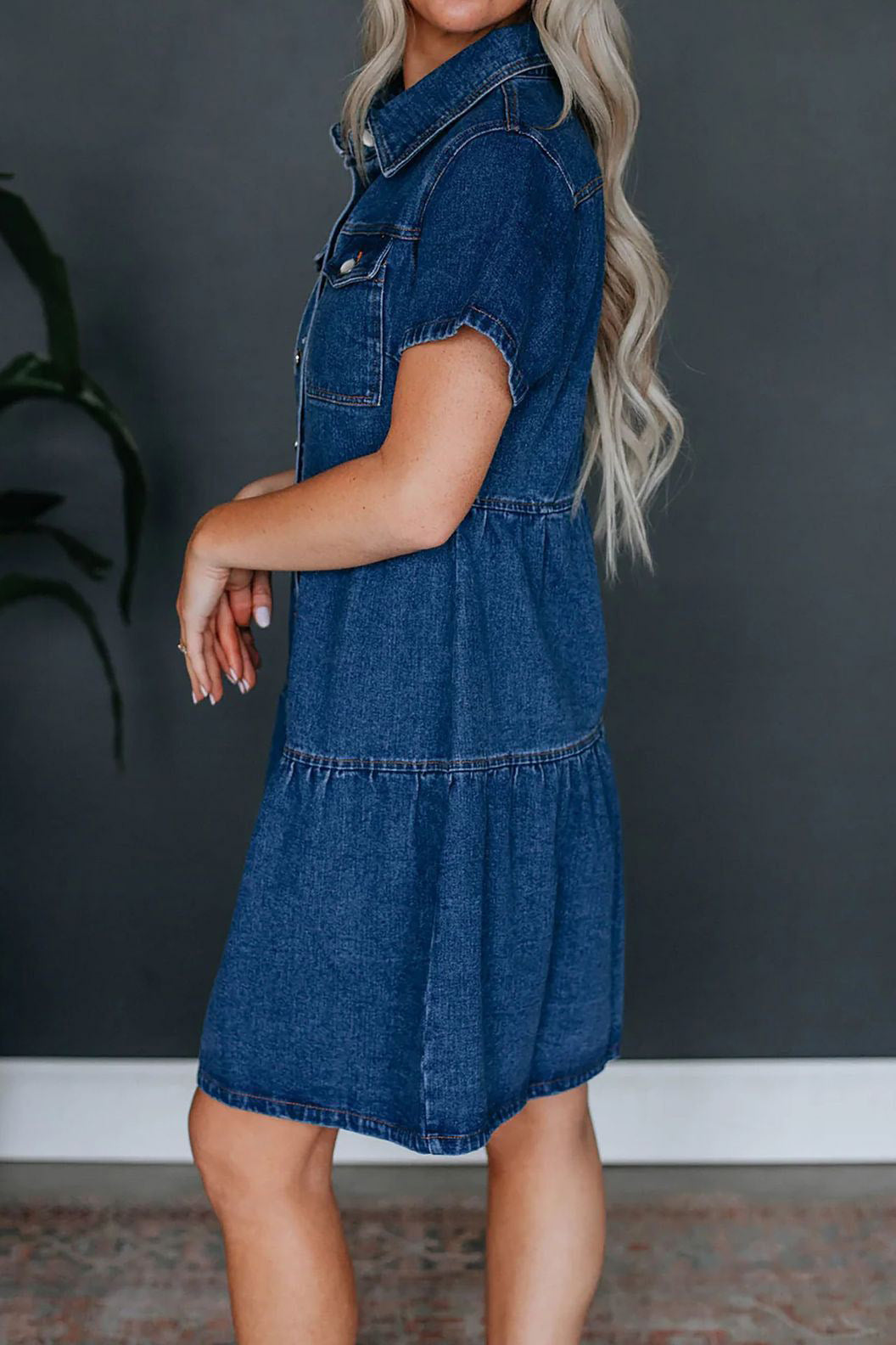 Short Sleeve Button-Up Denim Dress with Pockets Lavish Daily