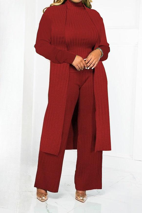 Mock Neck Rib-Knit 3-Piece Cardigan Set Lavish Daily
