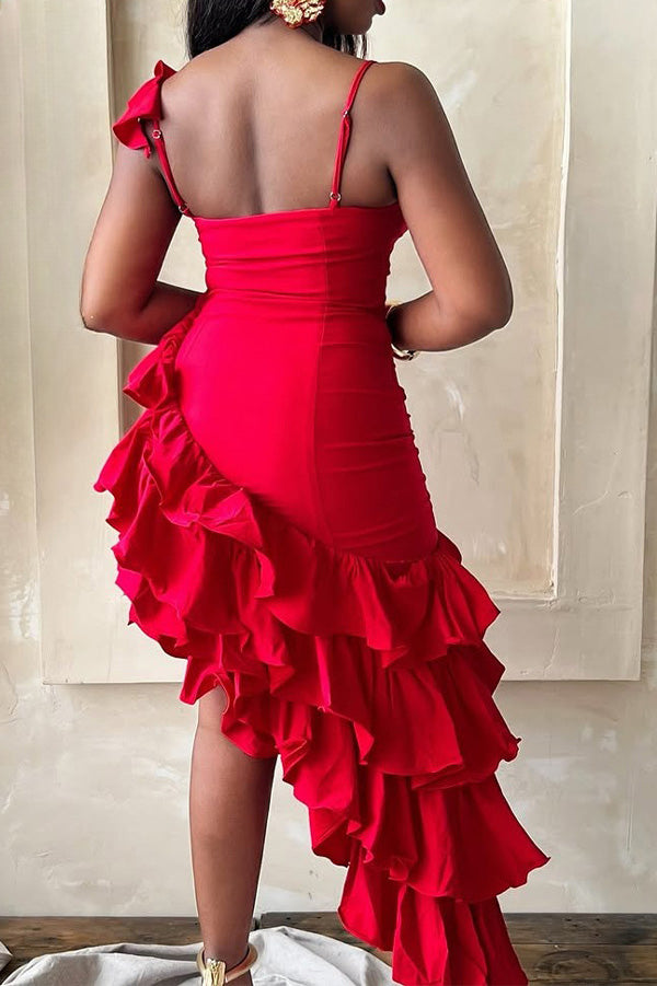 Solid Color Ruffle Hem Spaghetti Strap Dress Lavish Daily