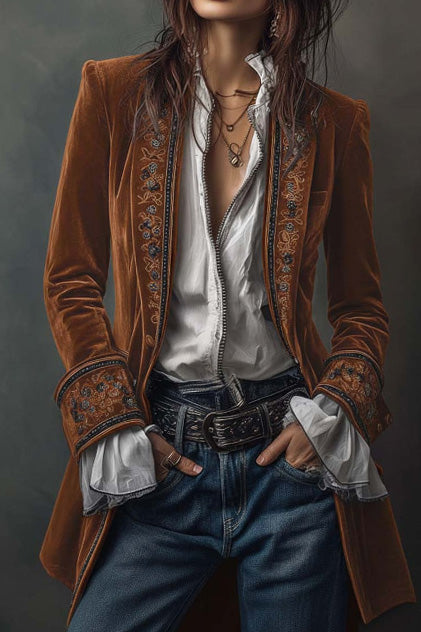 Velvet Embroidered Long Jacket LavishDaily