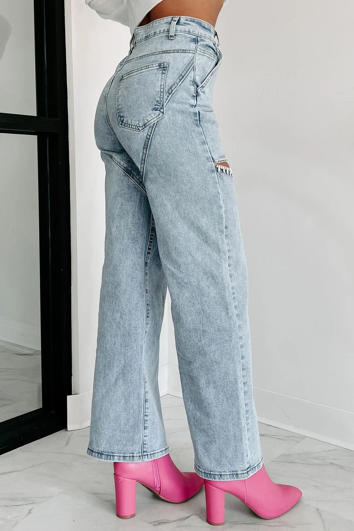 Mid Rise Crystal Slit Knee Jeans Lavish Daily