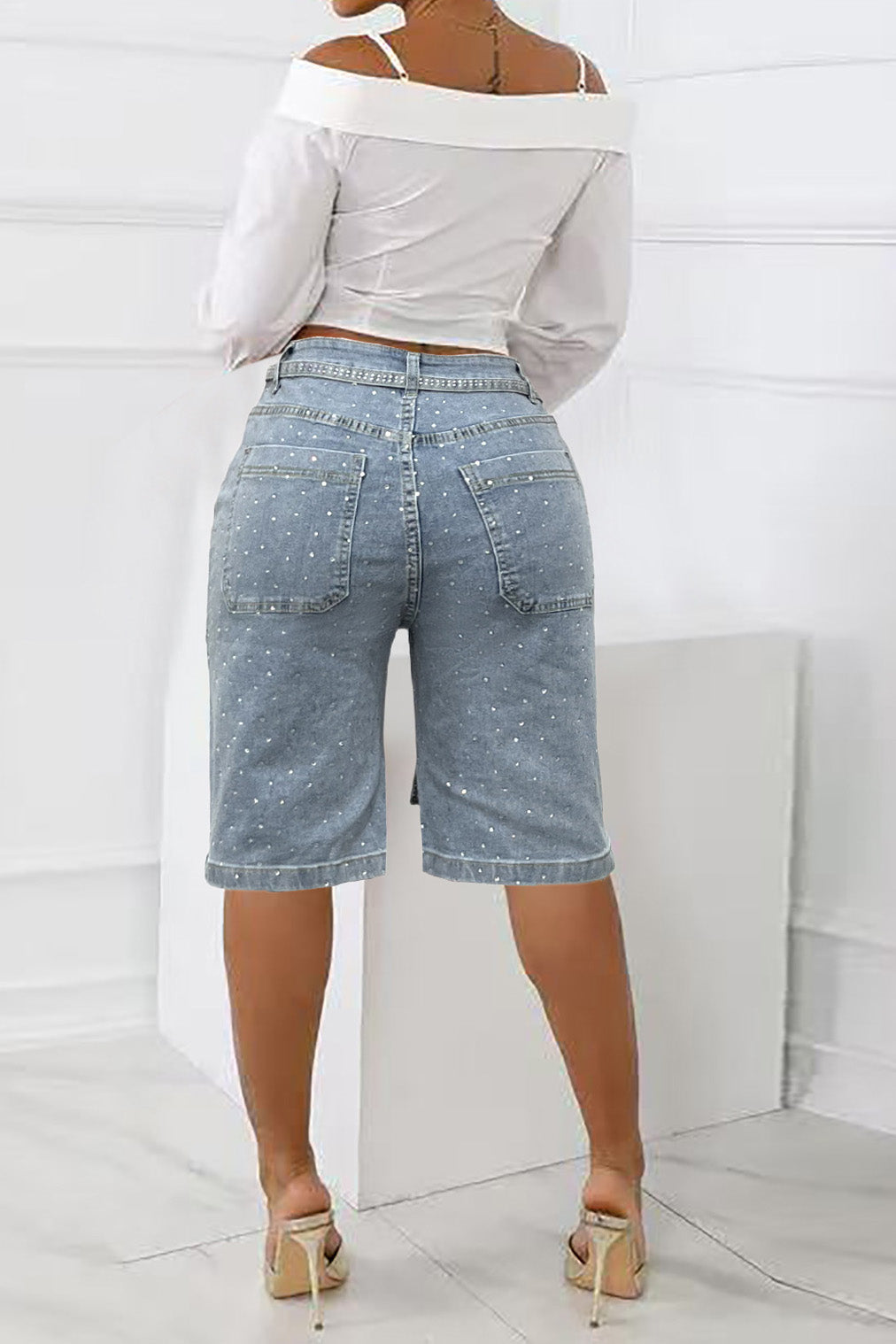 Loose Fit Denim Capri Pants with Rhinestones Lavish Daily