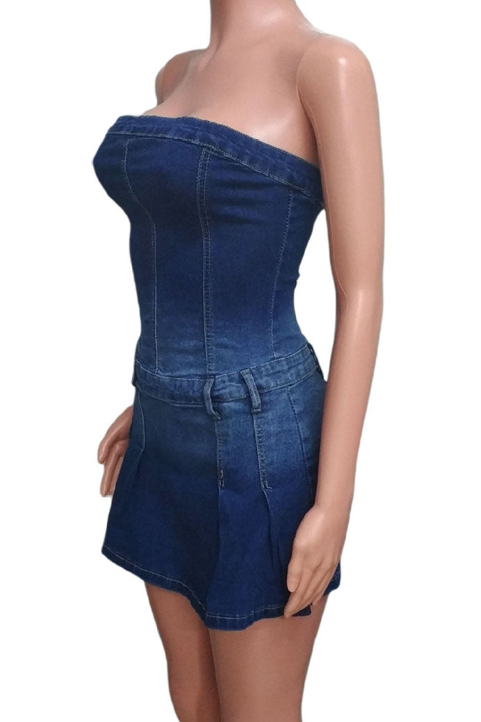 Pleated Denim Mini Dress Lavish Daily